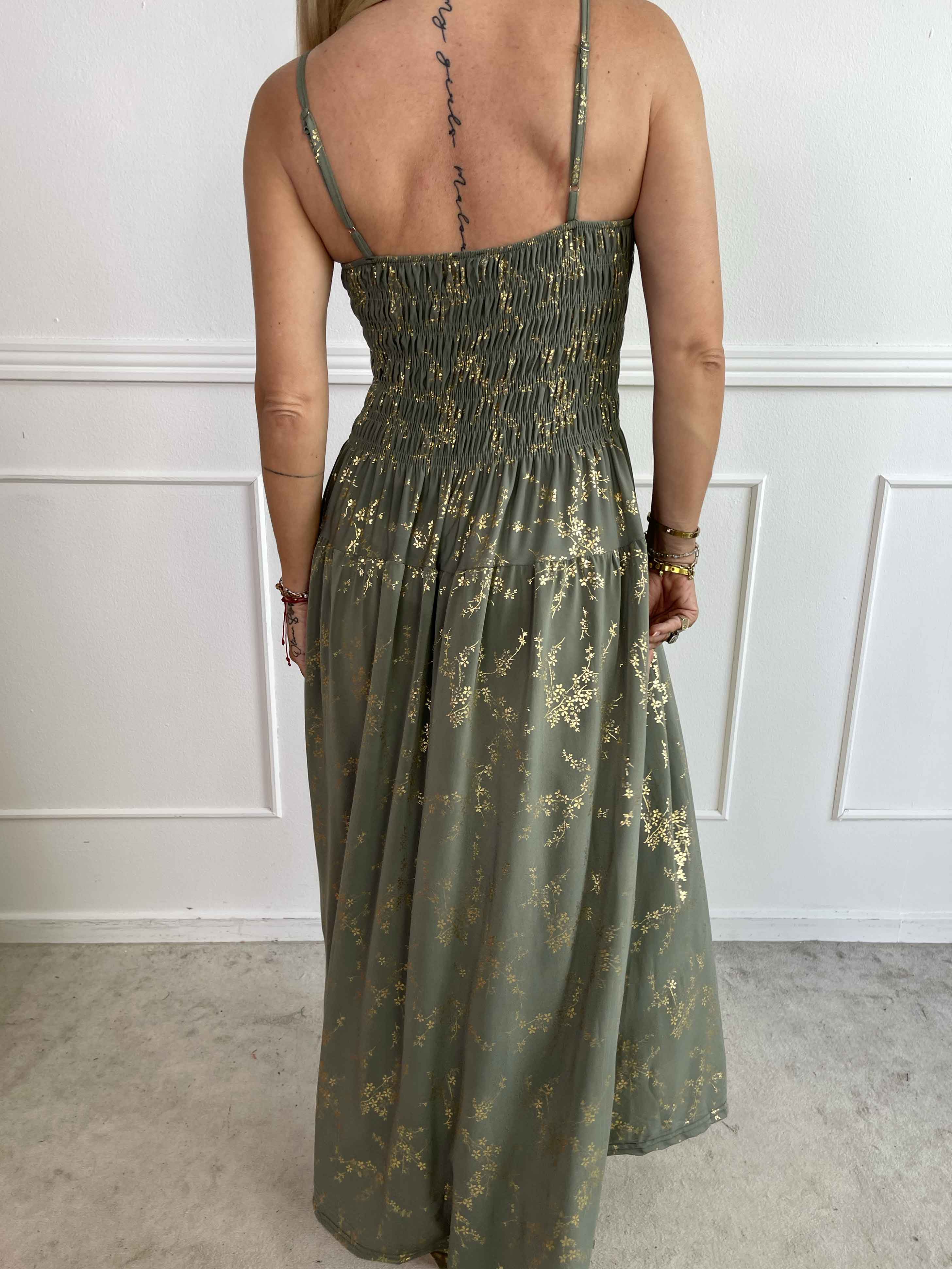 Maira Gold - Sød elastisk stropkjole med guld print og smock